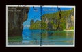 A stamp printed in Thailand shows an image of Beautiful ocean views with mountain at Hong Island, Krabi.